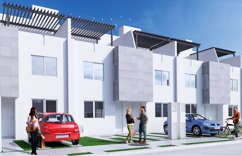 Imagen de perspectiva 3d de fachada de casas.