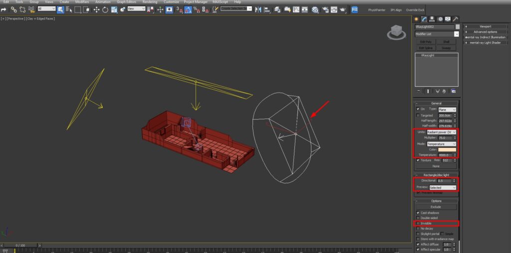 captura de pantalla iluminación pricipal cálida de nuestra maqueta virtual dentro de 3ds max