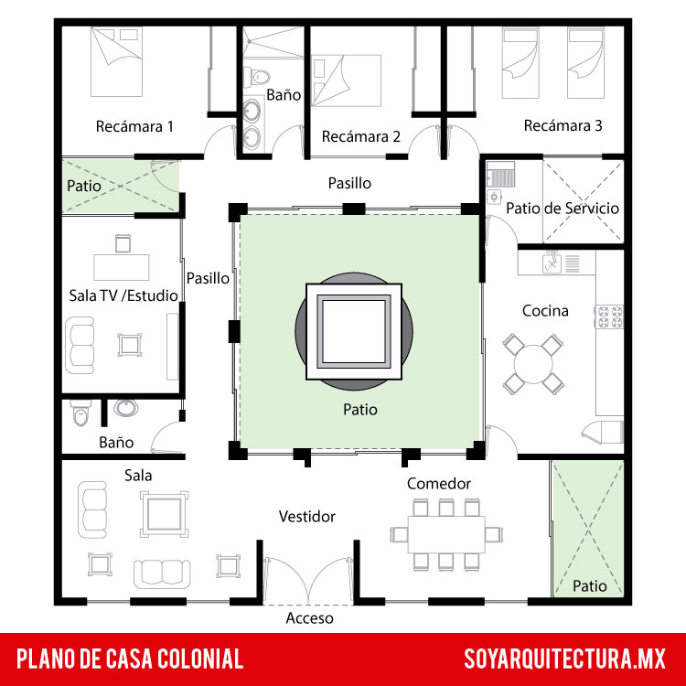 La planta de la casa colonial gira alrededor de un patio central