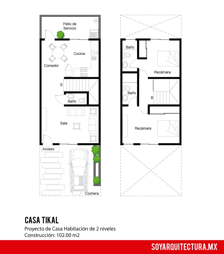Los planos de la casa Tikal se distribuyen en dos niveles. Planos de casa de 2 pisos
