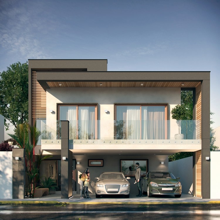 Fachada moderna planos de casa Caoba. Render 3d de fachada de casa moderna
