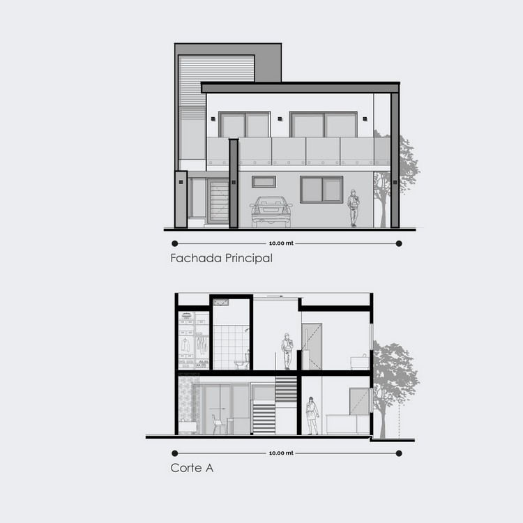 plano de fachada de casa moderna. alzados de casa moderna de 2 pisos