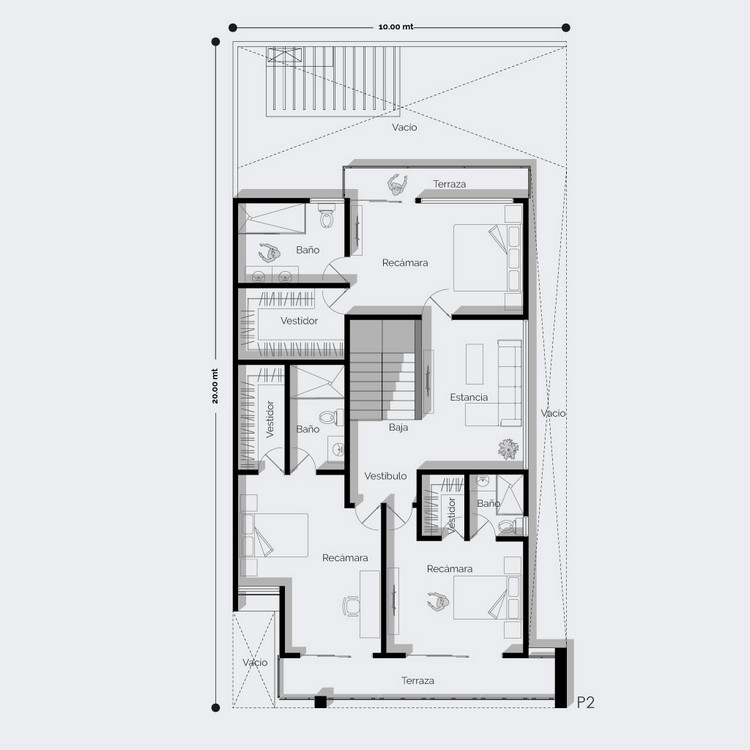Planos de casa, planta alta con 3 recámaras con baño