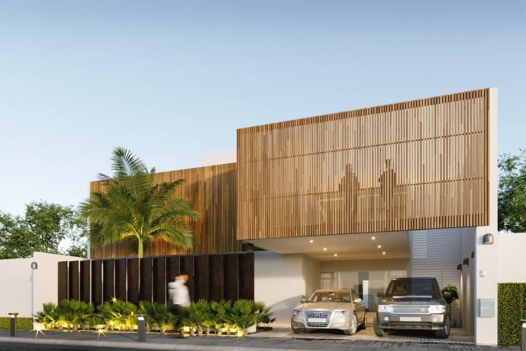 Fachada moderna con madera. Revestimientos de una casa