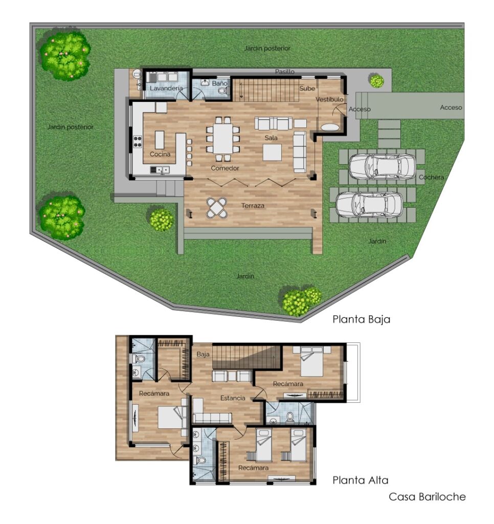 Planos de casa de campo moderna. Planta baja y planta alta de casa de campo
