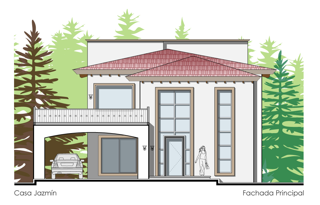 Fachada de casa colonial moderna. Casa Jazmín. Plano de fachada de casa moderna