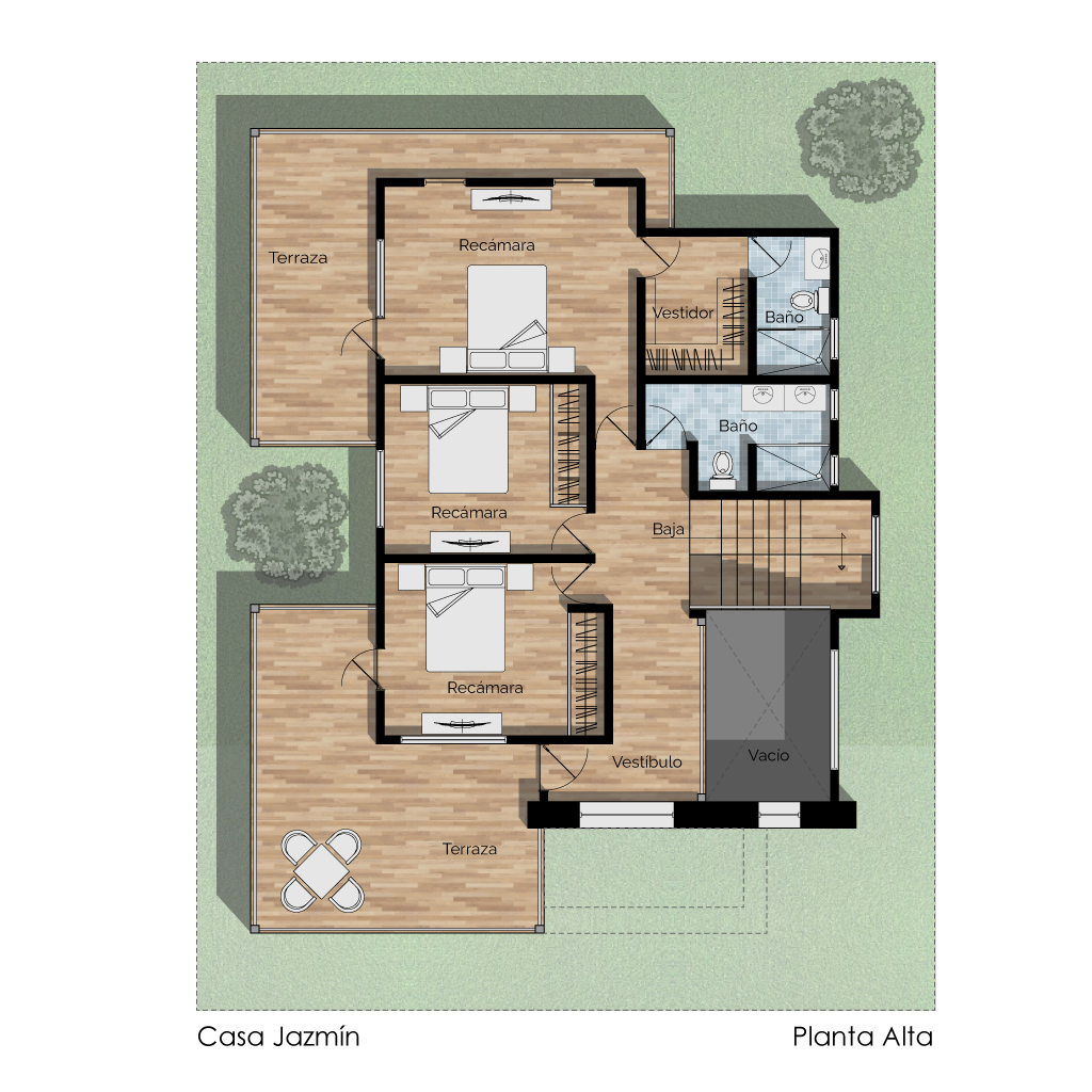Planos de casa colonial moderna. Planta alta. Casa Jazmín