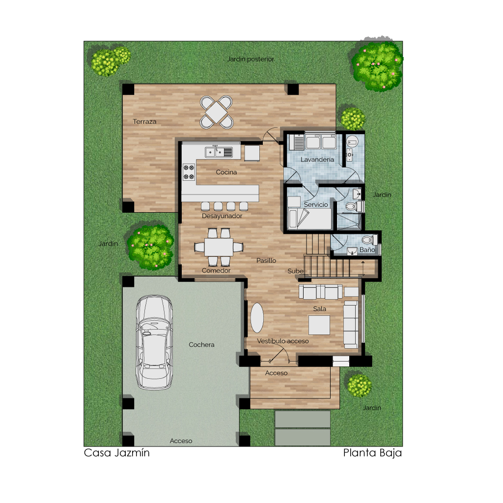 Planos de casa colonial moderna. planta baja con cochera. Casa Jazmín