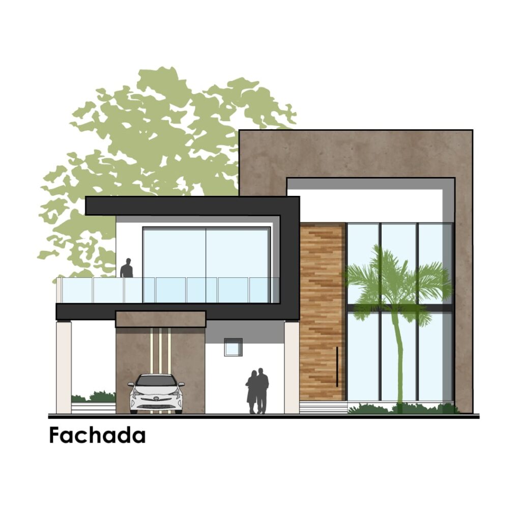 plano de fachada de casa moderna. Casa Roble.
