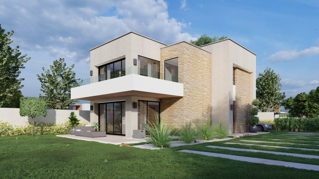Planos de casa de playa moderna. Diseño de casa moderna con jardín