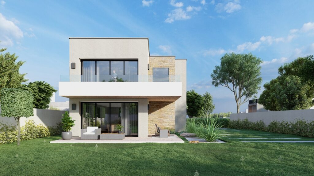 Planos de casa de playa moderna. Fachada con terraza y balcón.