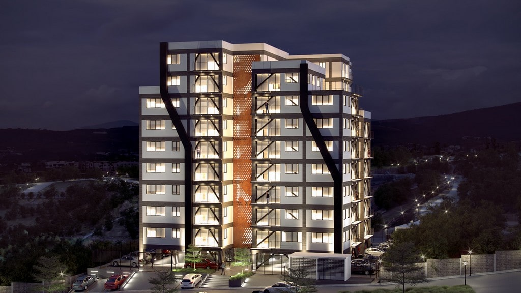 Render de recorrido virtual de edificio moderno