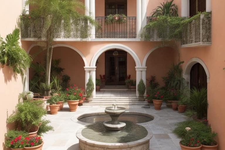 Patio con fuente central de casa colonial moderna