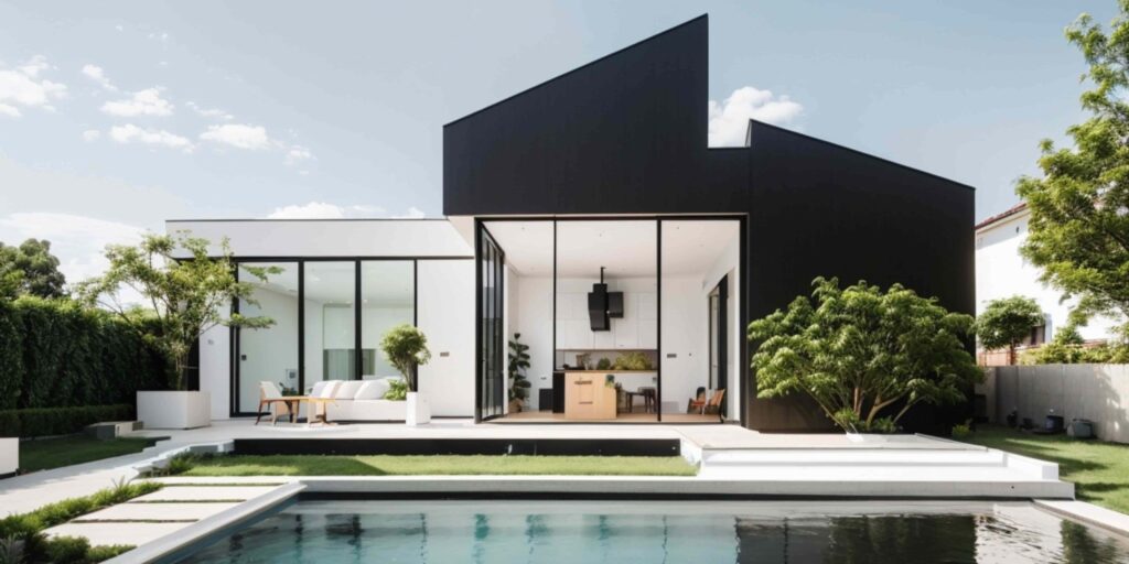 Fachada de casa moderna con terraza y alberca