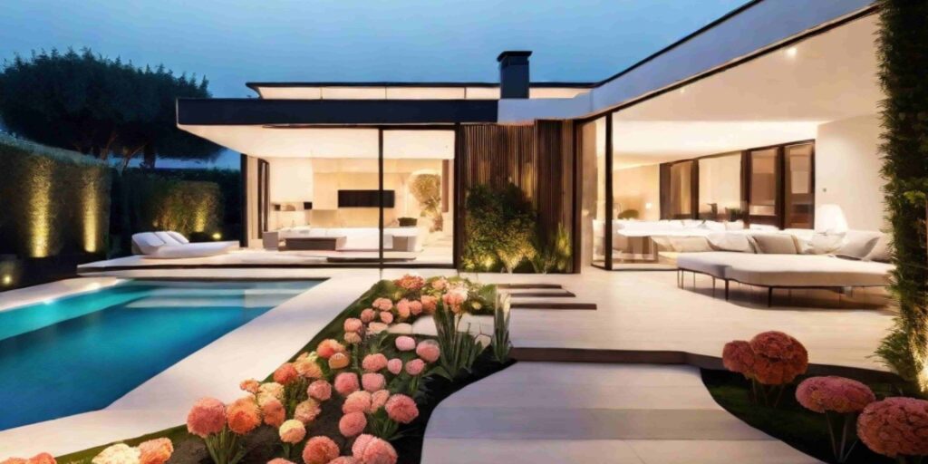 Casa moderna con jardín y terraza con alberca
