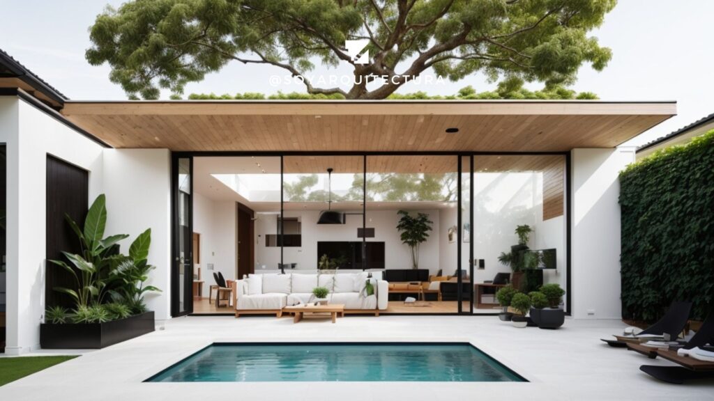 Fachada minimalista con ventanales y alberca