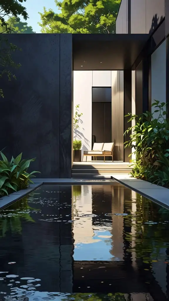 Vista de una entrada moderna a una casa, con un pasillo sombreado, un estanque de agua en primer plano, y vegetación en los bordes, diseñada por un despacho de arquitectos.
