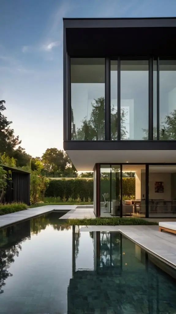 Vista de una casa moderna de dos pisos con grandes ventanales, rodeada de naturaleza, y una piscina reflectante en el primer plano - Despacho de arquitectos "Soy arquitectura"