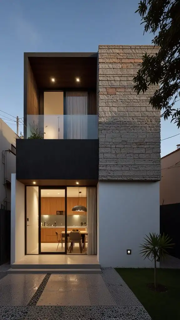 Casa Fiore - Vista frontal de una fachada de un despacho de arquitectos, mostrando un diseño contemporáneo con elementos de piedra, vidrio y madera.