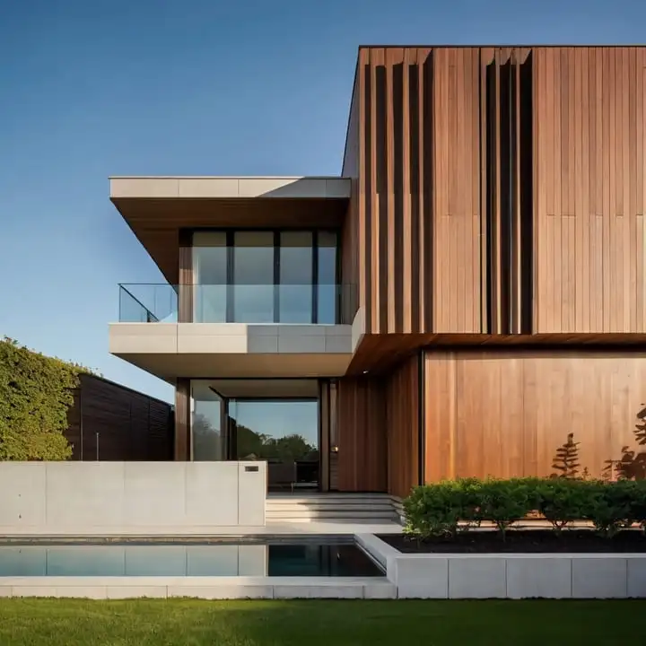 Fachada moderna de dos pisos con revestimiento de madera y ventanales amplios, diseñada por un despacho de arquitectos.