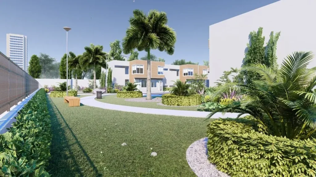 Recorrido virtual de arquitectura para un fraccionamiento con urbanización con jardines.